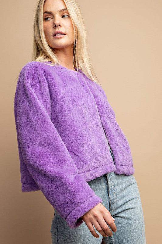 WOMENS Faux Fur and Round Neck Crop Jacket in Lilac - Esme and Elodie
