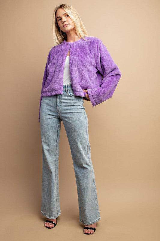 WOMENS Faux Fur and Round Neck Crop Jacket in Lilac - Esme and Elodie