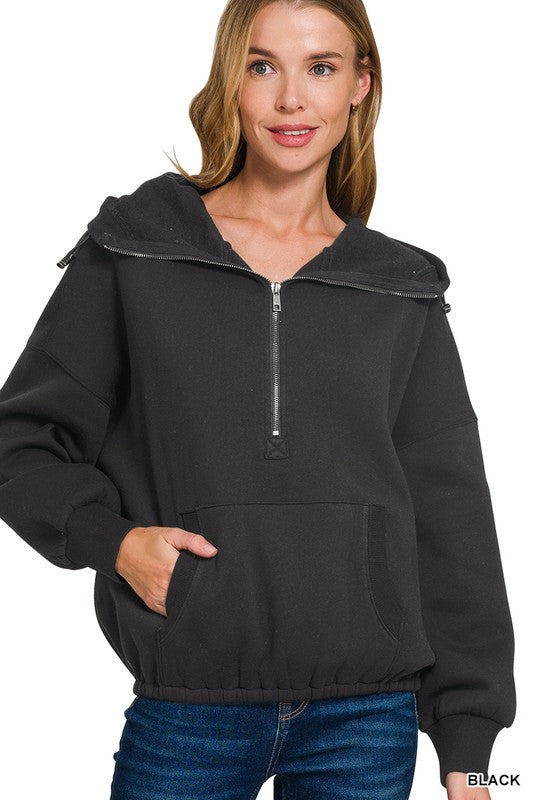 Womens Fleece Elastic Hem Half Zip Kangaroo Pocket Hoodie - Esme and Elodie