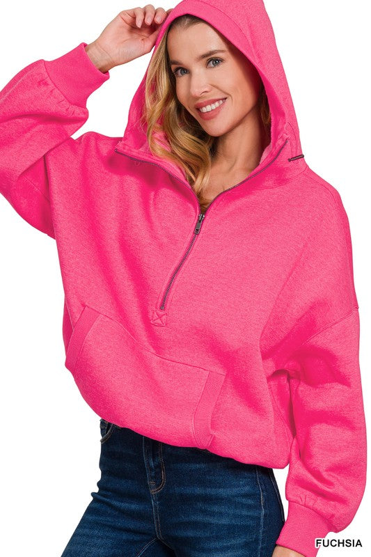 Womens Fleece Elastic Hem Half Zip Kangaroo Pocket Hoodie - Esme and Elodie
