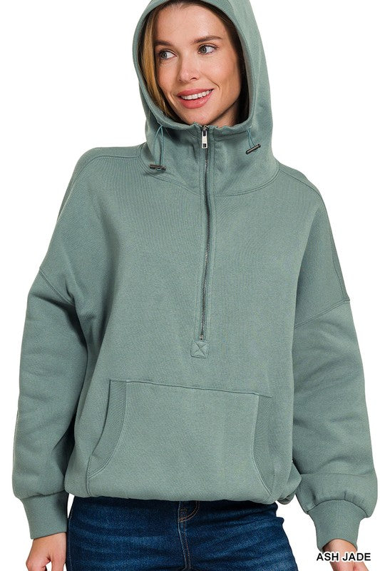 Womens Fleece Elastic Hem Half Zip Kangaroo Pocket Hoodie - Esme and Elodie
