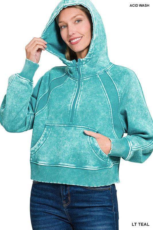 Womens French Terry Acid Wash Kangaroo Pocket Hoodie - Esme and Elodie