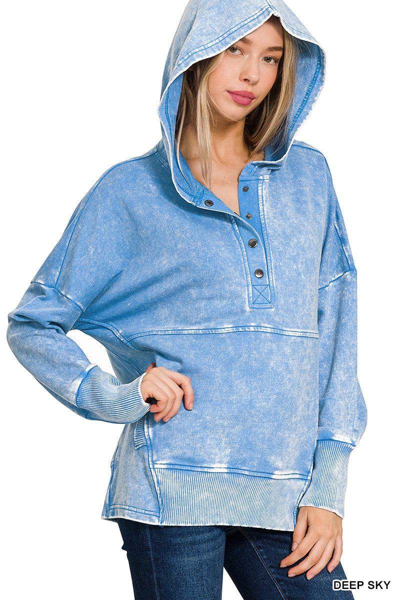 Womens FRENCH TERRY ACID WASH KANGAROO POCKET HOODIE in Deep Sky - Esme and Elodie