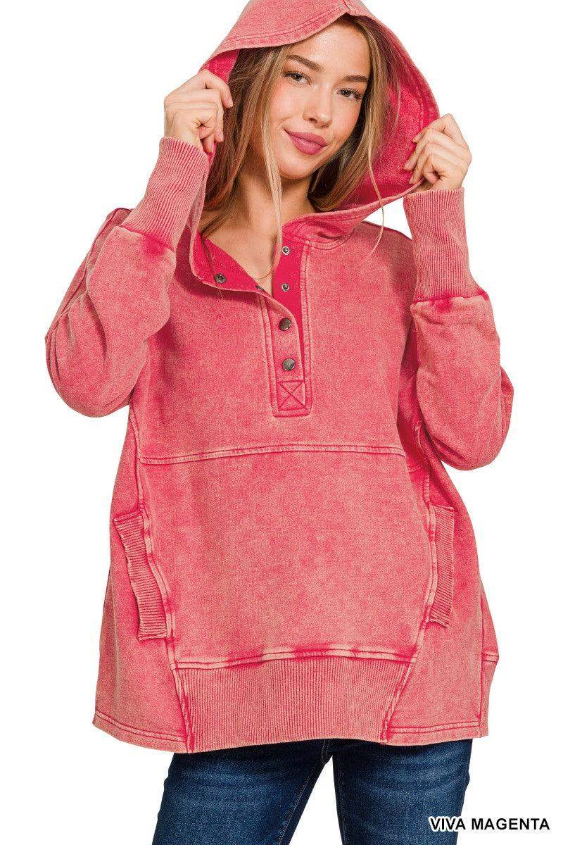 Womens FRENCH TERRY ACID WASH KANGAROO POCKET HOODIE in Viva Magenta - Esme and Elodie