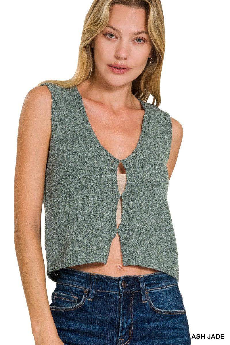 Womens Hook & Eye Knit Sweater Vest in Light Olive - Esme and Elodie