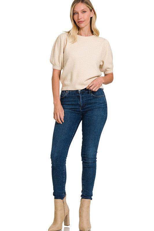 Womens melange puff sleeve short sleeve round neck sweater in beige - Esme and Elodie