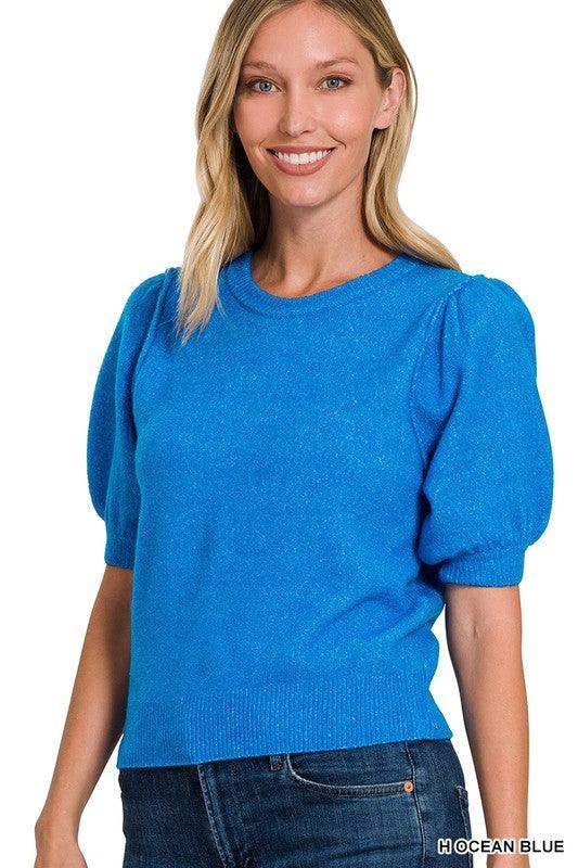 Womens melange puff sleeve short sleeve round neck sweater in bright blue - Esme and Elodie