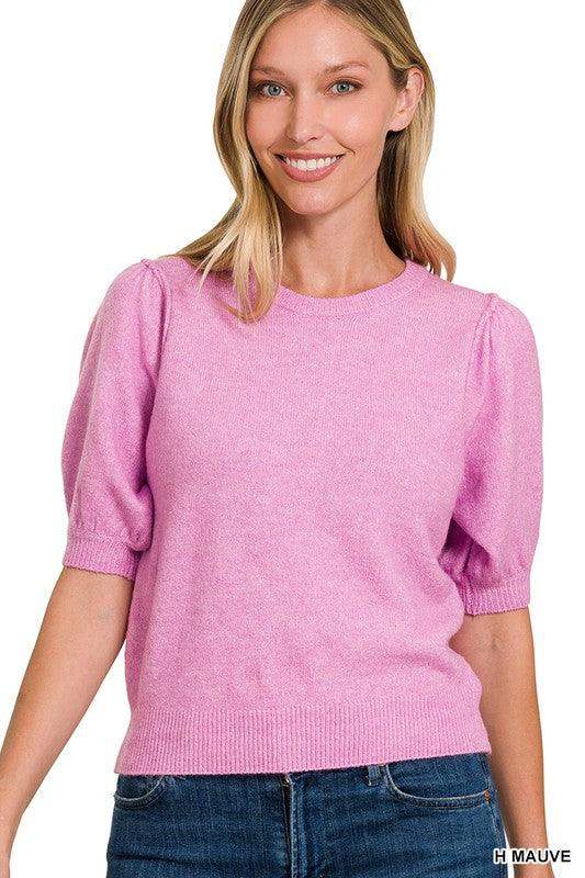 Womens melange puff sleeve short sleeve round neck sweater in Mauve - Esme and Elodie