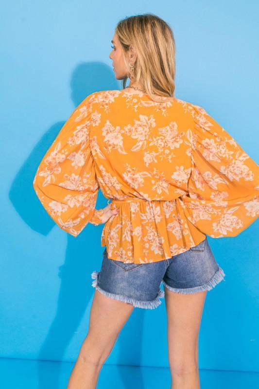 Womens Orange Floral Wrap Long Sleeve Blouse - Esme and Elodie