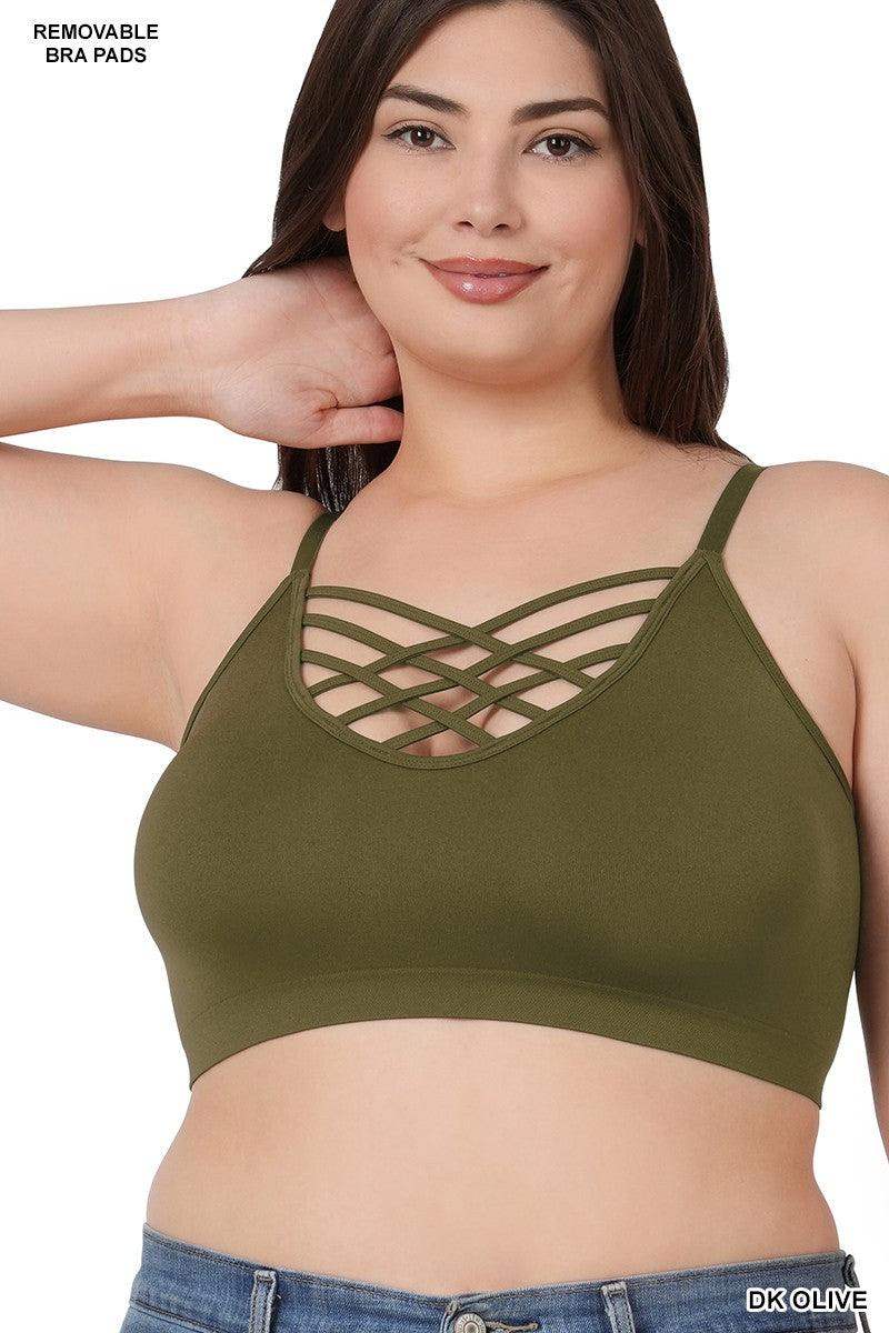 Womens PLUS FRONT V LATTICE SEAMLESS BRALETTE in Dark Olive - Esme and Elodie