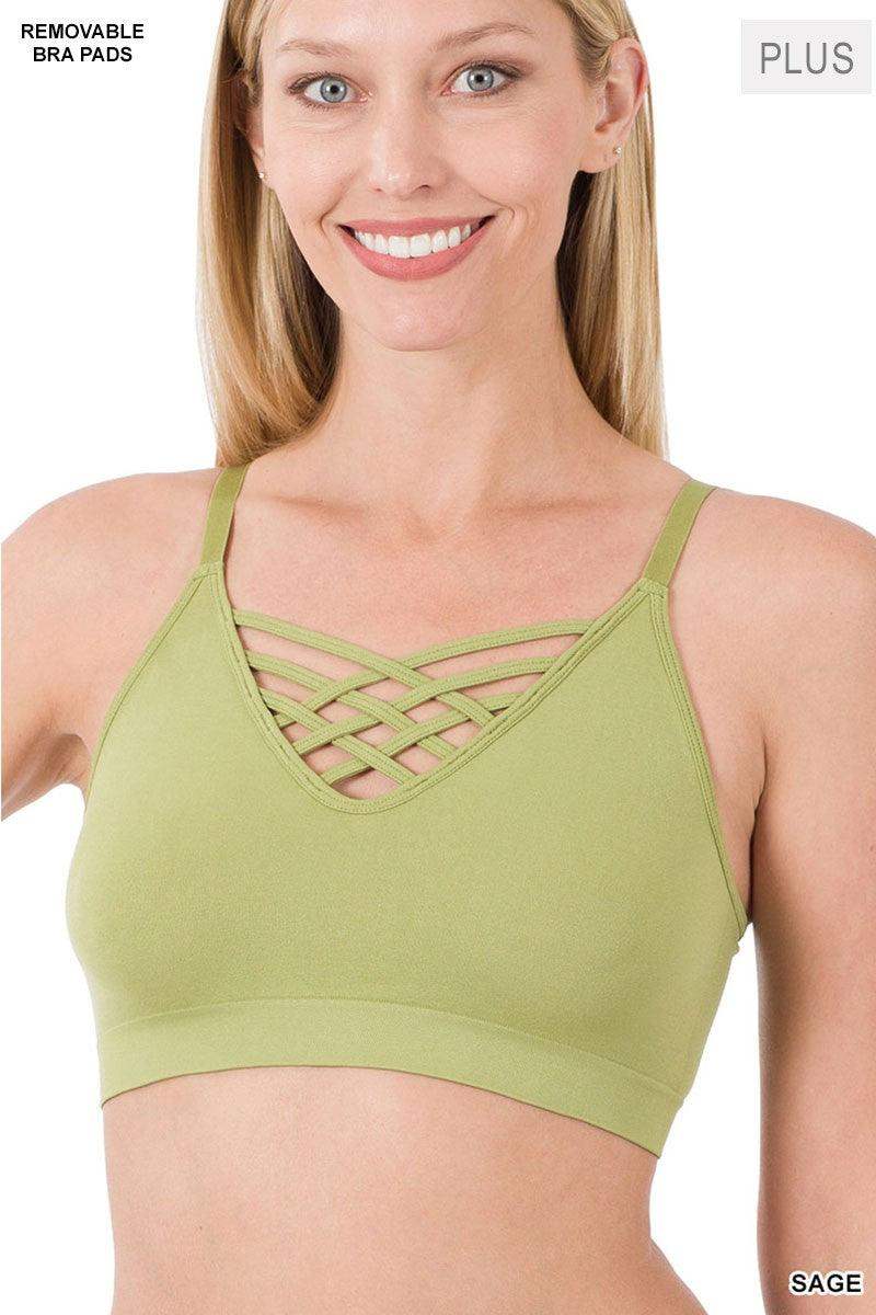 Womens PLUS FRONT V LATTICE SEAMLESS BRALETTE in Sage - Esme and Elodie