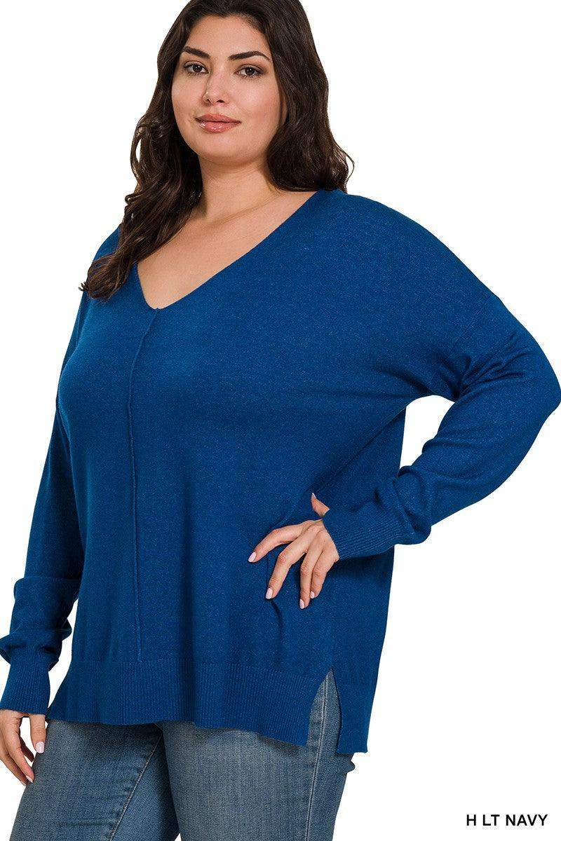 WOMENS PLUS GARMENT DYED FRONT SEAM SWEATER - Light Navy - Esme and Elodie