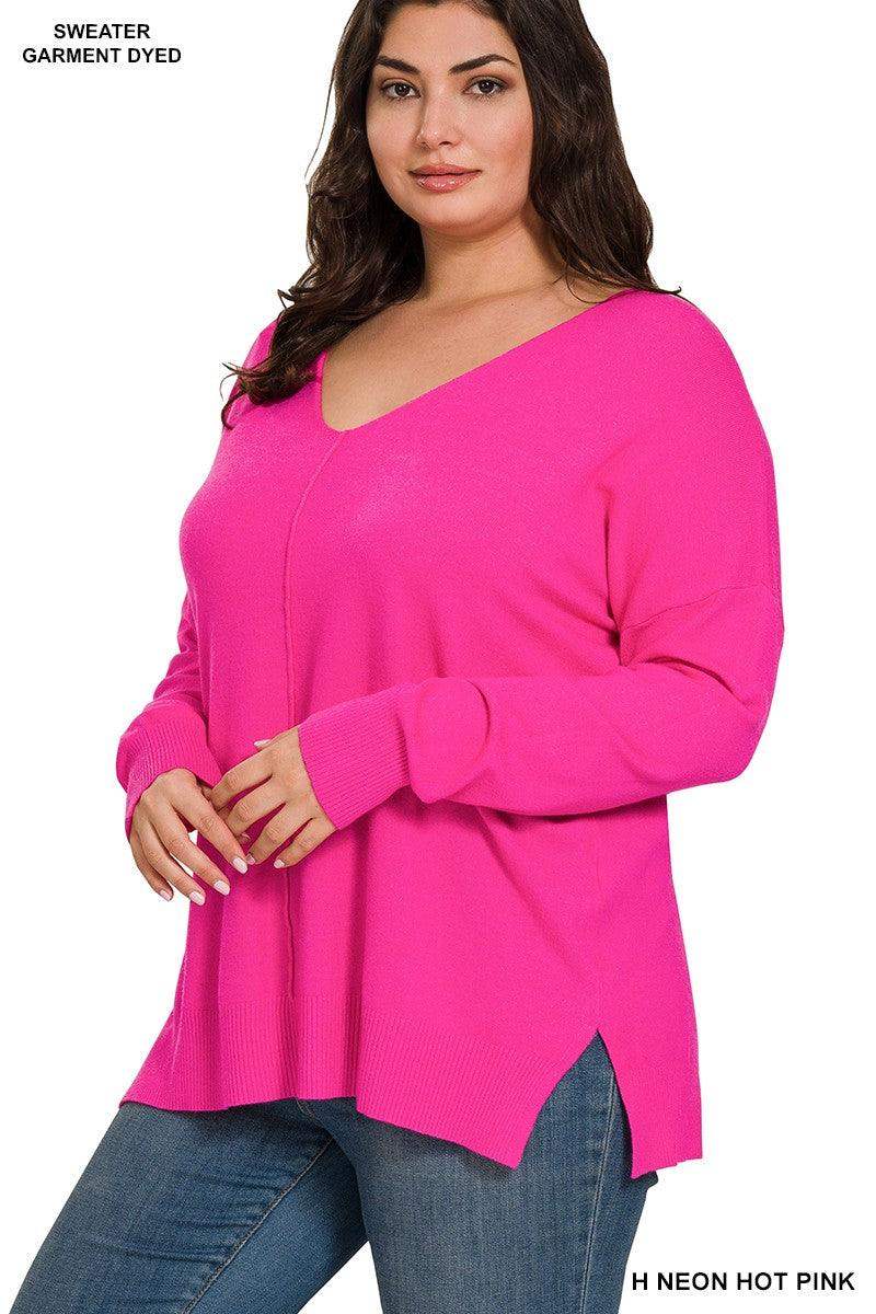 WOMENS PLUS GARMENT DYED FRONT SEAM SWEATER - Neon Hot Pink - Esme and Elodie