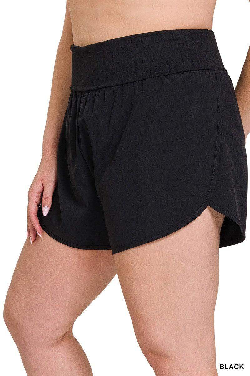 Womens PLUS HIGH WAIST BAND FOLD-OVER RUNNING SHORTS in Black - Esme and Elodie