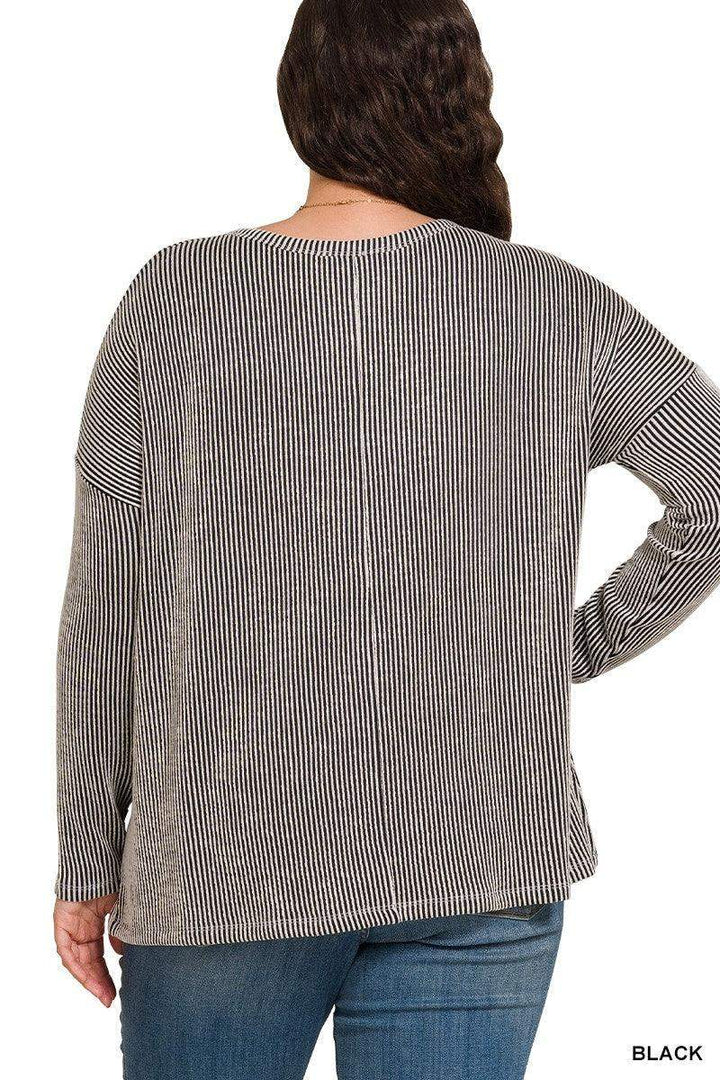 Womens PLUS RIBBED STRIPED OVERSIZED LONG SLEEVE TOP - Black - Esme and Elodie