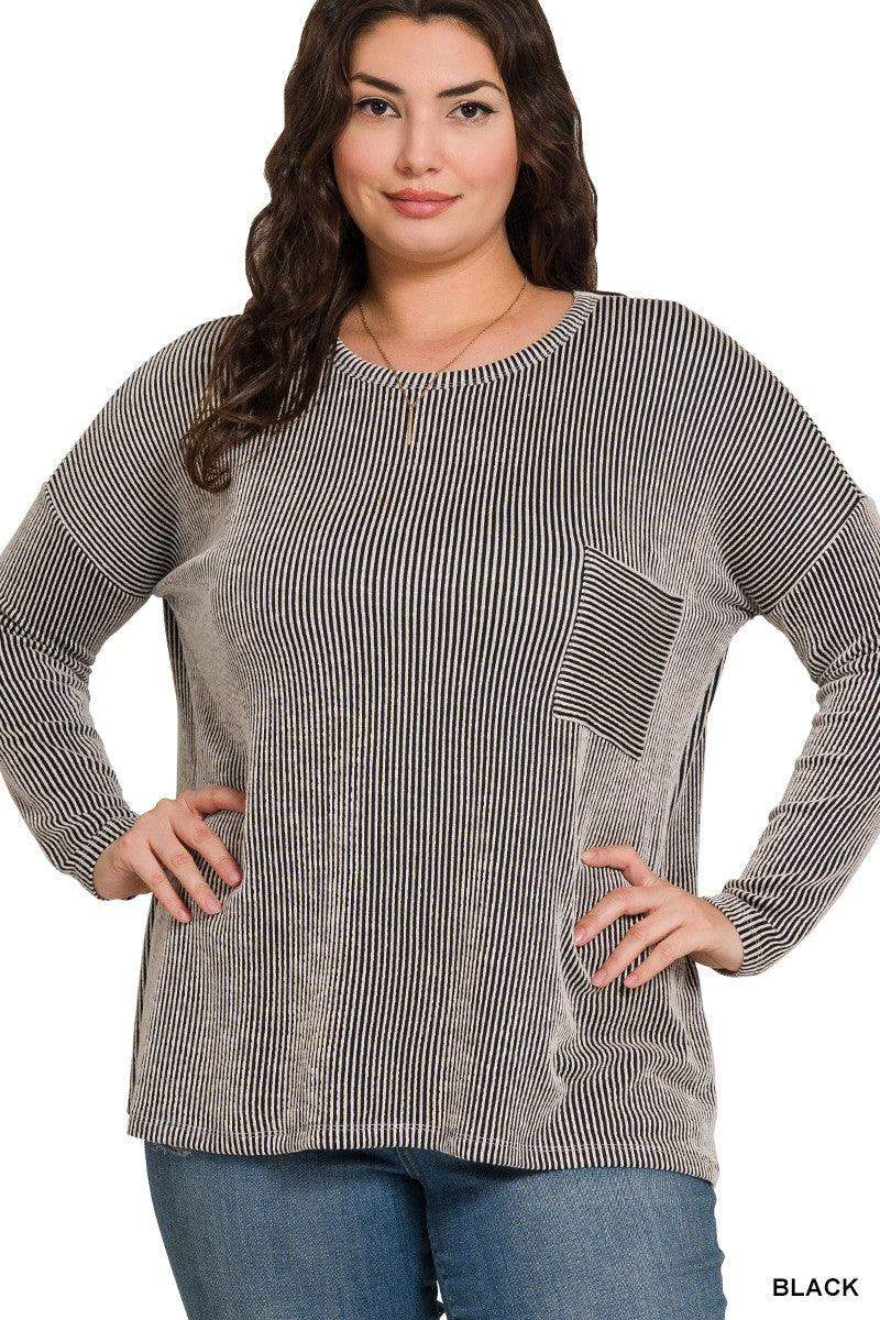 Womens PLUS RIBBED STRIPED OVERSIZED LONG SLEEVE TOP - Black - Esme and Elodie