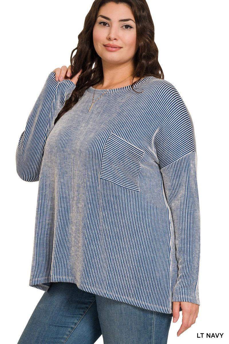 Womens PLUS RIBBED STRIPED OVERSIZED LONG SLEEVE TOP - Light Navy - Esme and Elodie