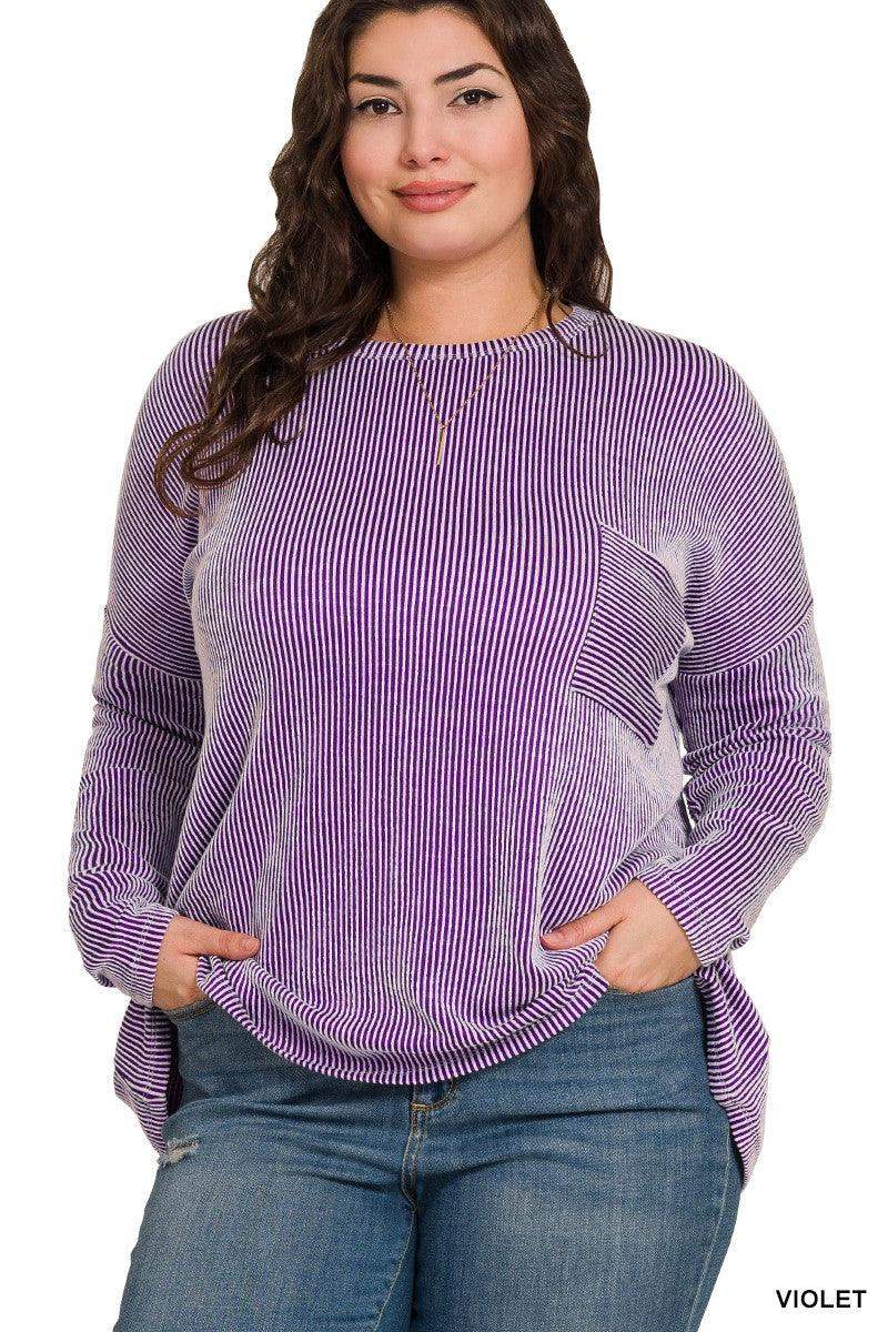 Womens PLUS RIBBED STRIPED OVERSIZED LONG SLEEVE TOP - Violet - Esme and Elodie