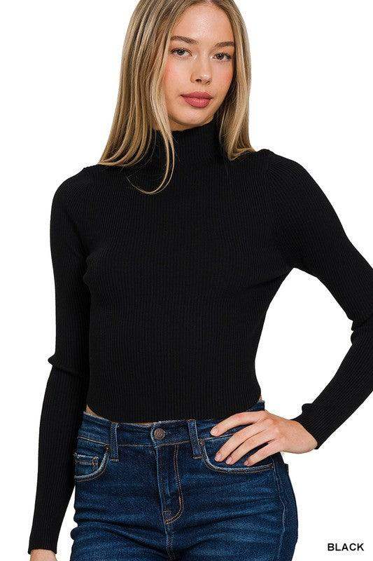 WOMENS RIBBED CROPPED CURVED-HEM TURTLENECK SWEATER - Esme and Elodie