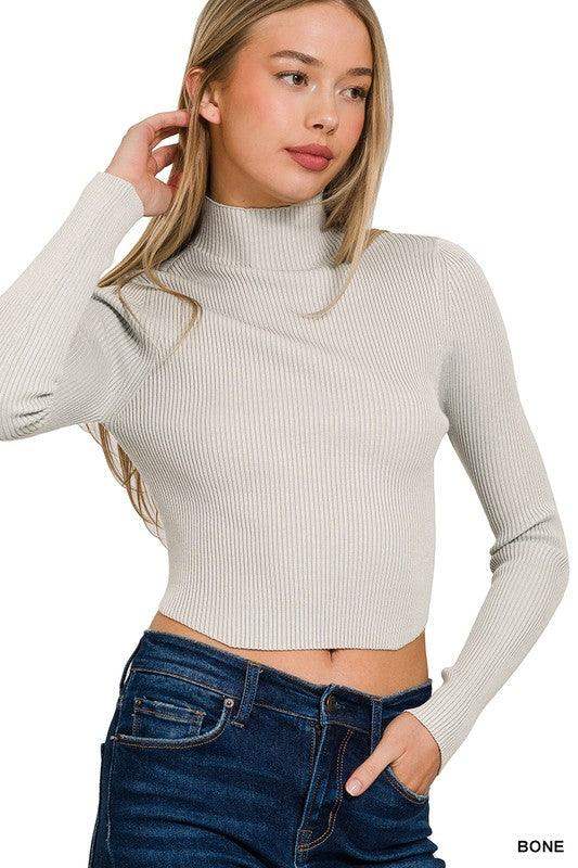 WOMENS RIBBED CROPPED CURVED-HEM TURTLENECK SWEATER - Esme and Elodie
