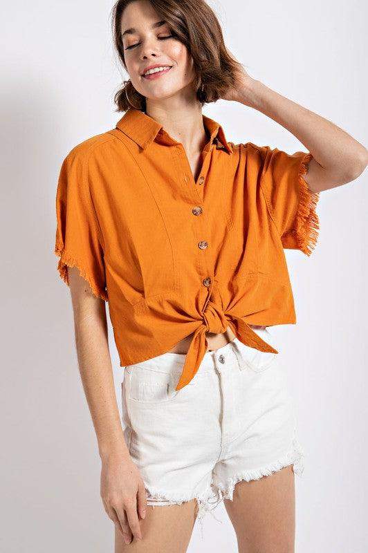 Womens Short Sleeve Cropped Button Up Top in Butternut Squash - Esme and Elodie