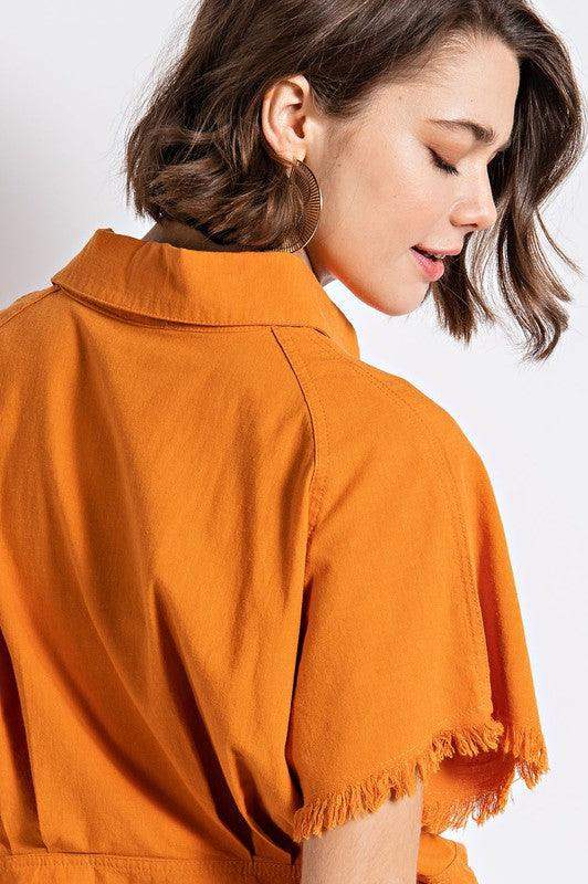 Womens Short Sleeve Cropped Button Up Top in Butternut Squash - Esme and Elodie