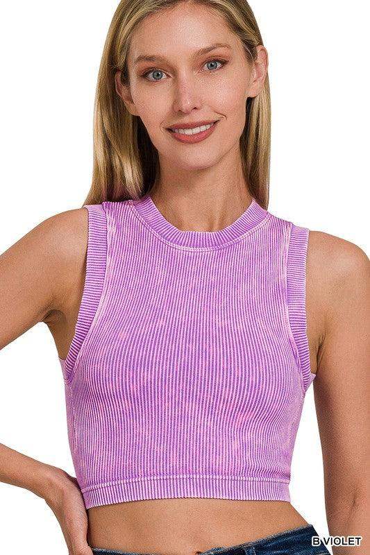 Womens Stone Washed Ribbed Seamless Crop top in Violet - Esme and Elodie