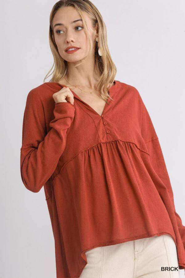Womens Umgee Linen Blend Split V-Neck Button Front Long Sleeve Top with Raw Hem - Esme and Elodie
