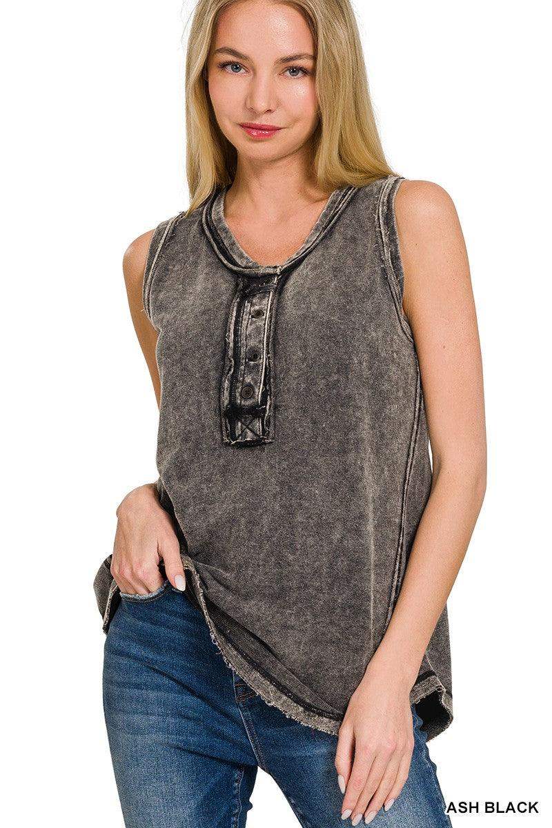 Womens WASHED HALF-BUTTON RAW EDGE SLEEVELESS HENLEY TOP in Ash Black - Esme and Elodie
