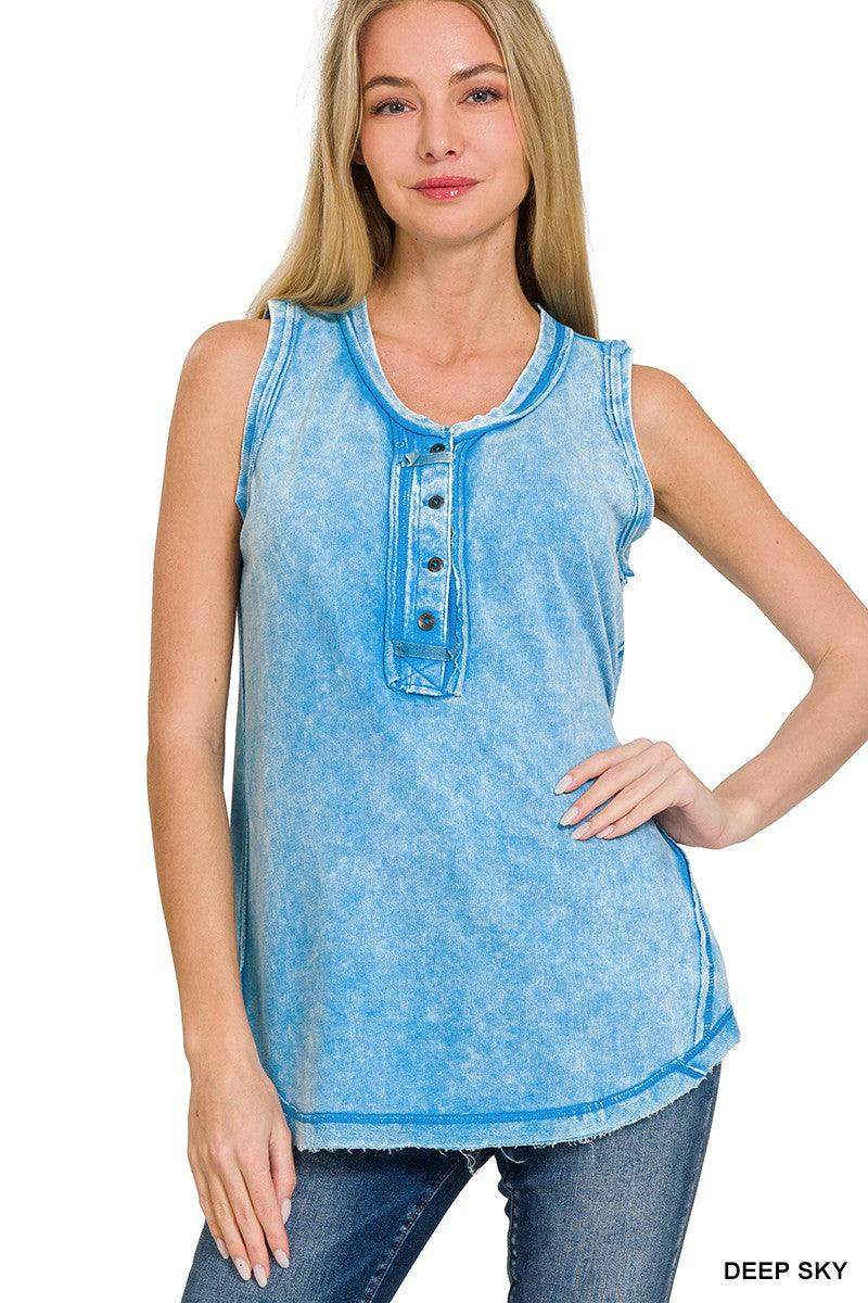 Womens WASHED HALF-BUTTON RAW EDGE SLEEVELESS HENLEY TOP in Deep Sky - Esme and Elodie