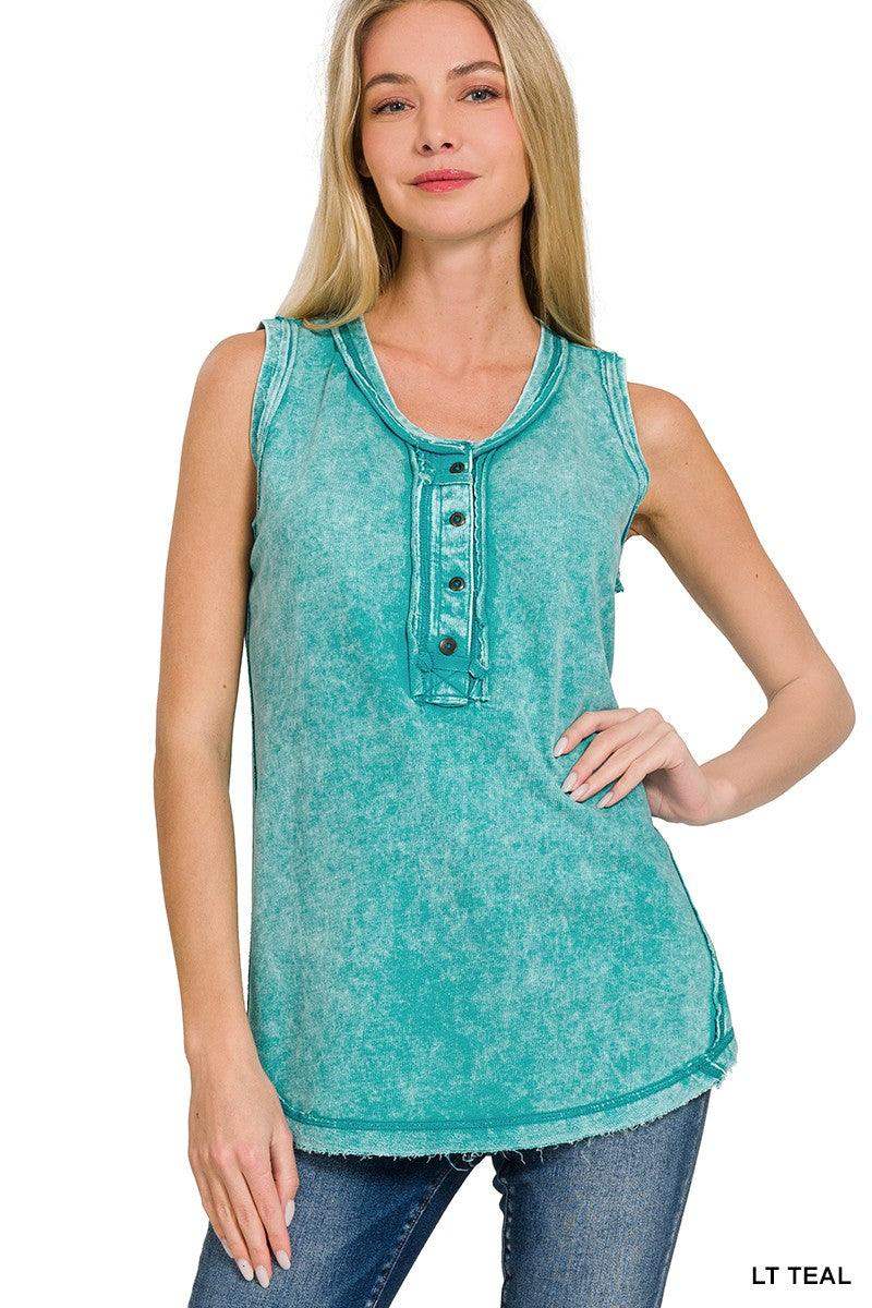 Womens WASHED HALF-BUTTON RAW EDGE SLEEVELESS HENLEY TOP in Light Teal - Esme and Elodie