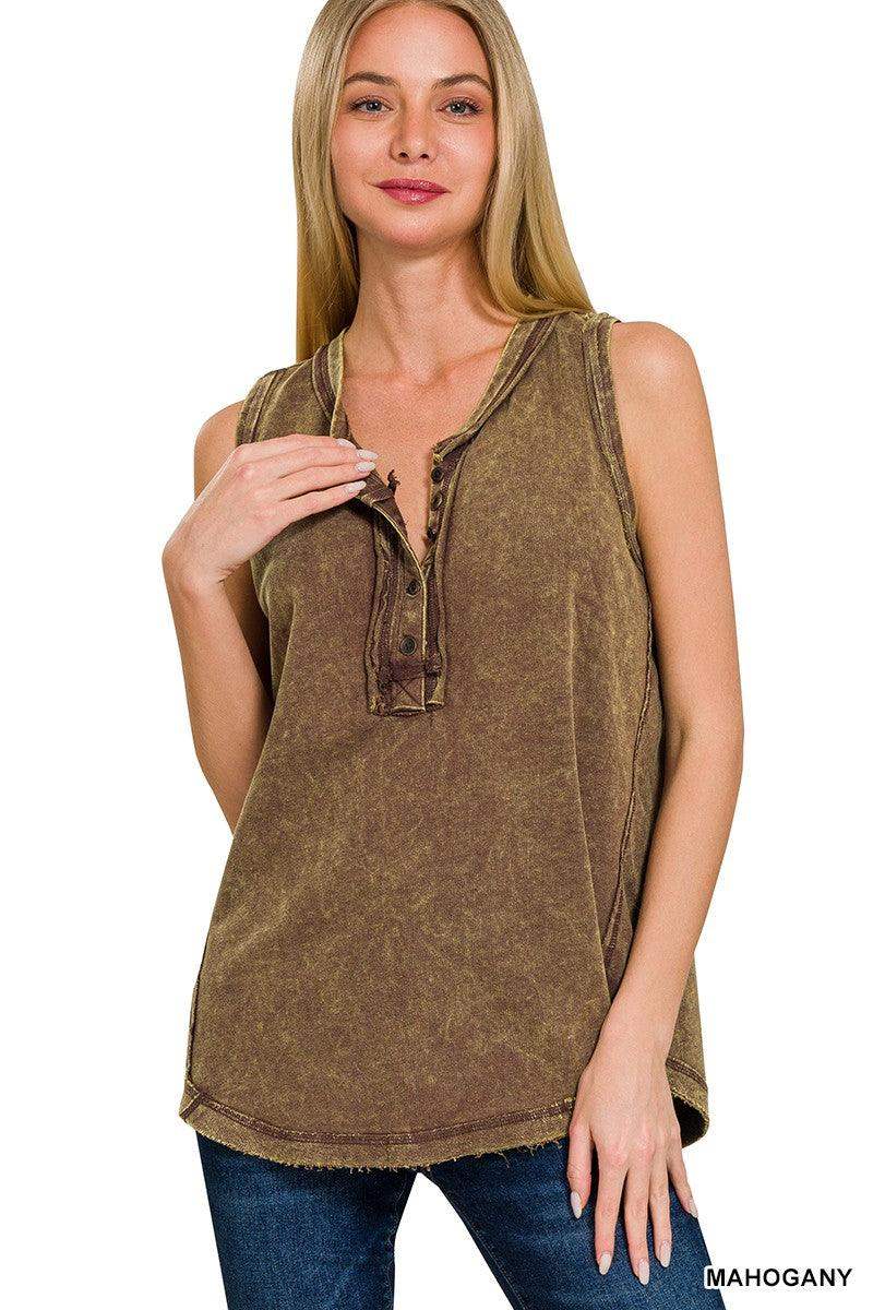 Womens WASHED HALF-BUTTON RAW EDGE SLEEVELESS HENLEY TOP in Mahogany - Esme and Elodie