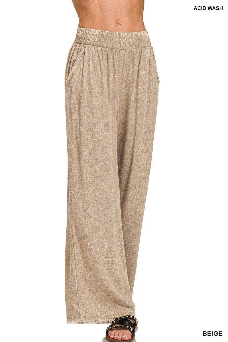 Womens WASHED LINEN FRAYED HEM ELASTIC BAND WAIST PANTS in Beige - Esme and Elodie