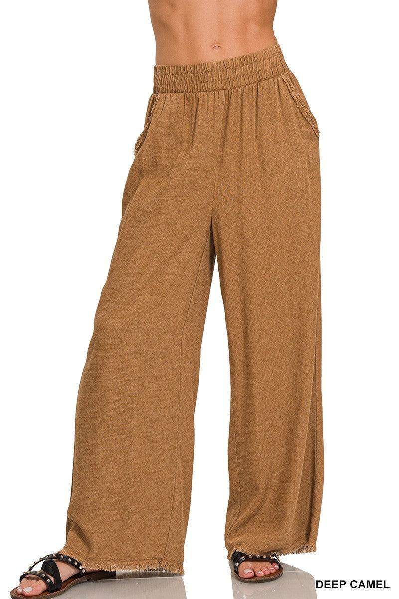 Womens WASHED LINEN FRAYED HEM ELASTIC BAND WAIST PANTS in Deep Camel - Esme and Elodie
