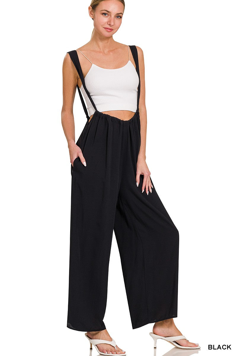Womens Woven Tie Back Suspender Jumpsuit With Pockets - Esme and Elodie