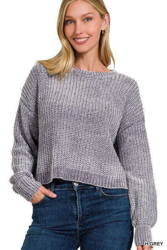 Womens Zenana Chenille Round Neck Crop Sweater in Grey - Esme and Elodie