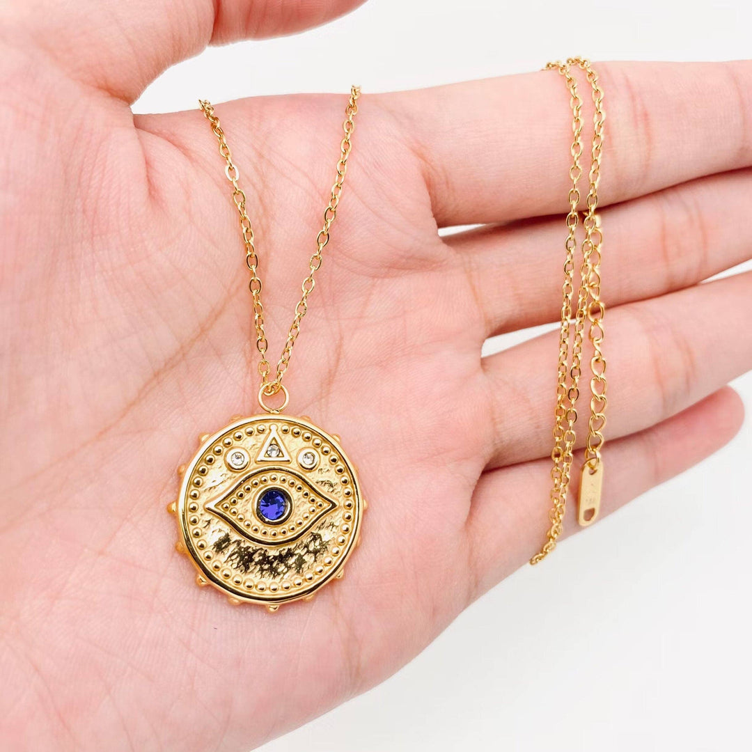 Mio Queena - Embossed Blue Devil's Eye Charm Pendant Golden Necklace