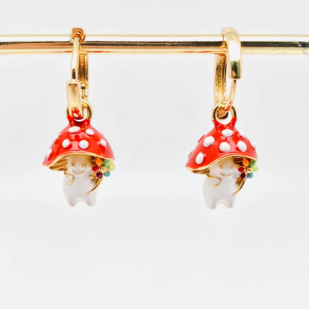 Mio Queena - 3D Enamel Cute Mushroom Huggie Hoop Earrings