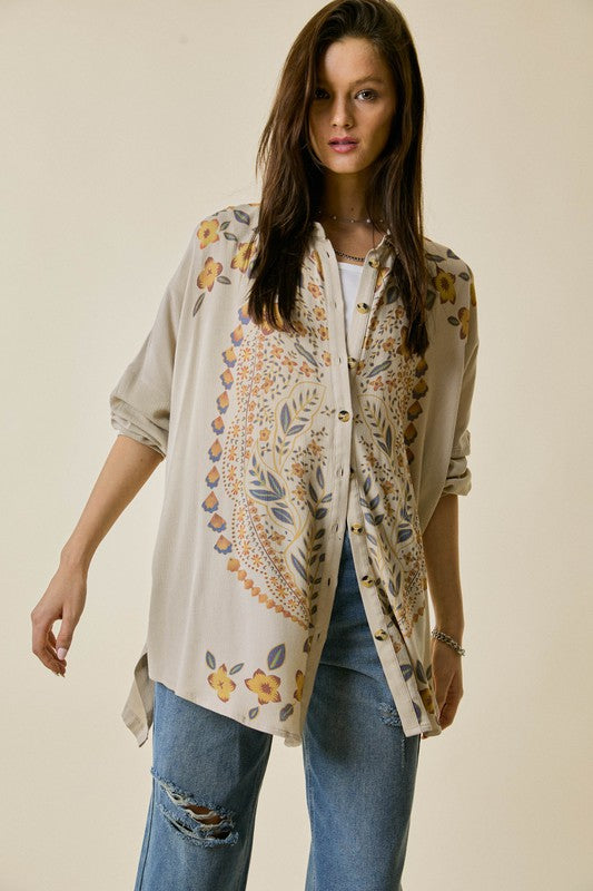 Women Floral Pattern Print Long Sleeve Button Down Relax Fit Blouse in Taupe