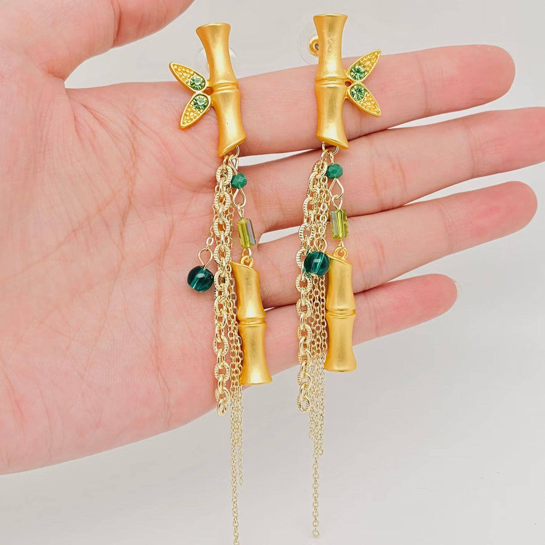 Mio Queena - Golden Bamboo Chain Tassel Stud Earrings
