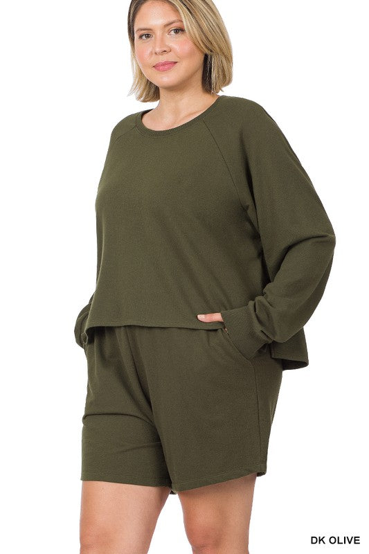 Plus Size French Terry Raglan Sleeve Oversized Top and Drawstring Waist Shorts Set in Dark Olive