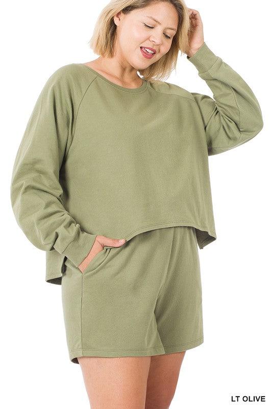 Plus size terry raglan oversized top and short set in light olive - Esme and Elodie