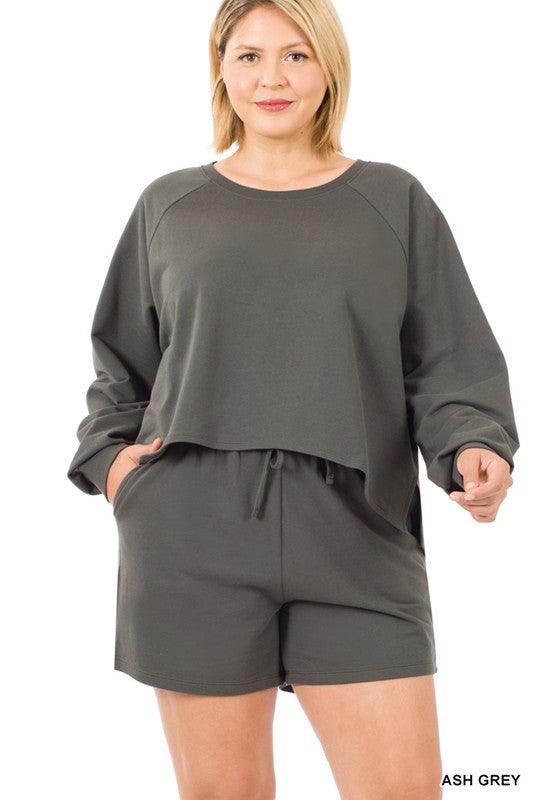 Plus size terry raglan oversized top and short set in ash gray - Esme and Elodie