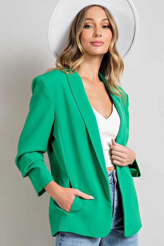 Plus Size Kelly Green Blazer no button with sleeve ruching