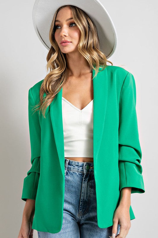 Plus Size Kelly Green Blazer no button with sleeve ruching