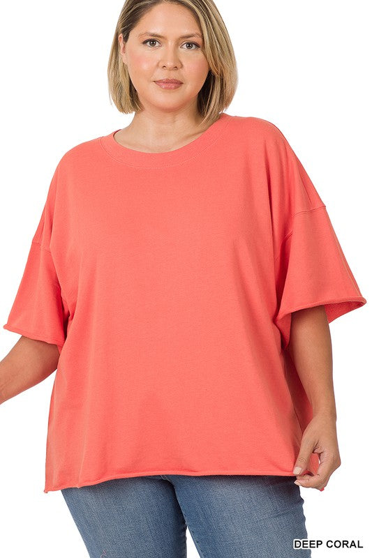Plus Size terry drop sleeve raw edge top in Coral