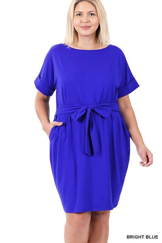 Plus size brushed tie belt casual dress in Royal Blue - Esme and Elodie