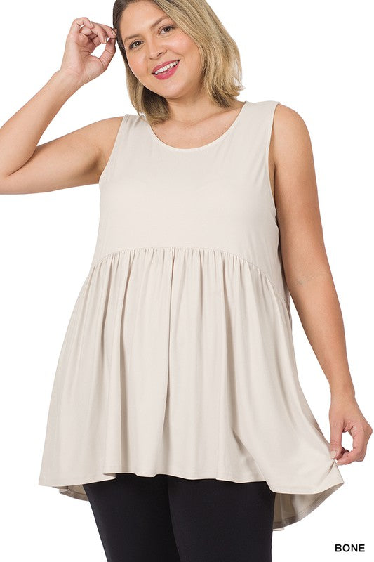 Plus size sleeveless empire waist shirring top in bone