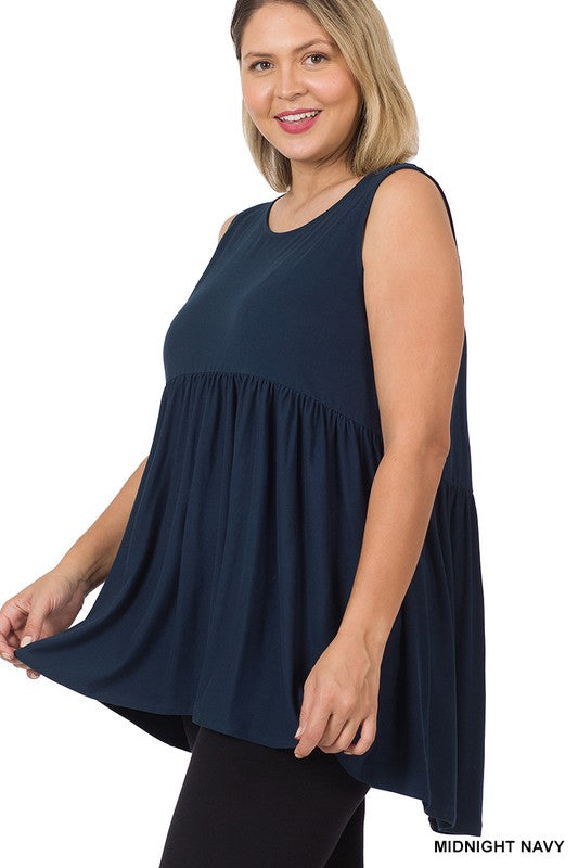 Plus size brushed sleeveless empire waist top in navy blue