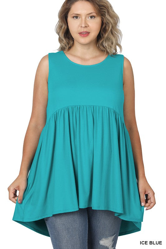 Plus size brushed sleeveless empire waist top in ice blue